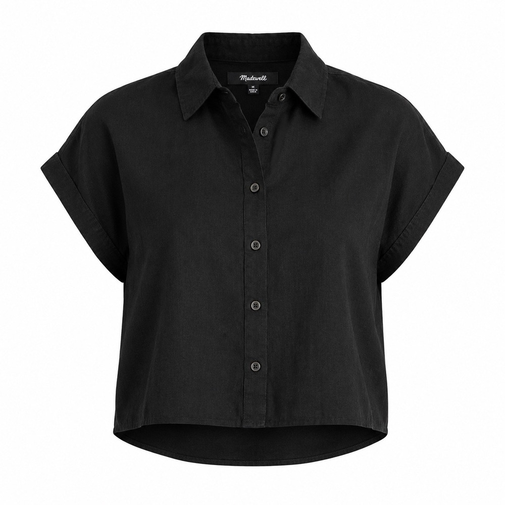 Madewell Womens Top M 100% Linen Black Cropped Short Sleeve Button Up Boxy Shirt